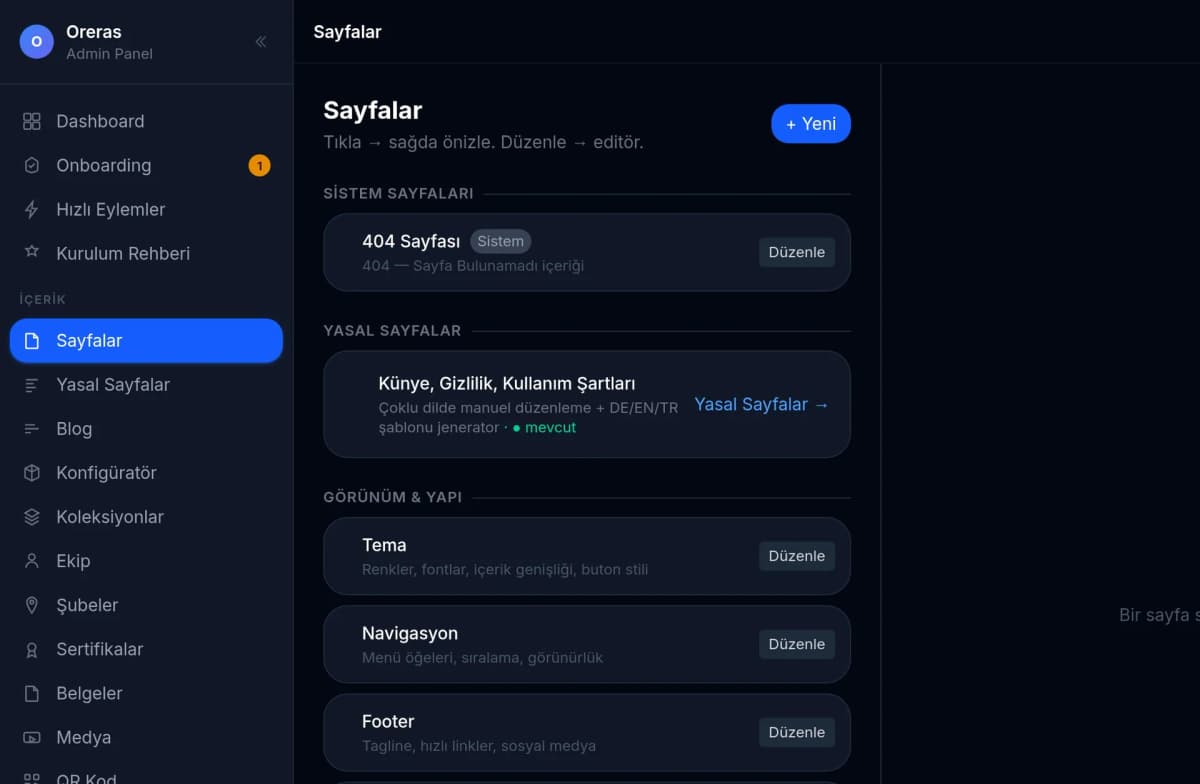 Oreras yönetim paneli — sayfalar, blog, koleksiyonlar ve tema ayarları