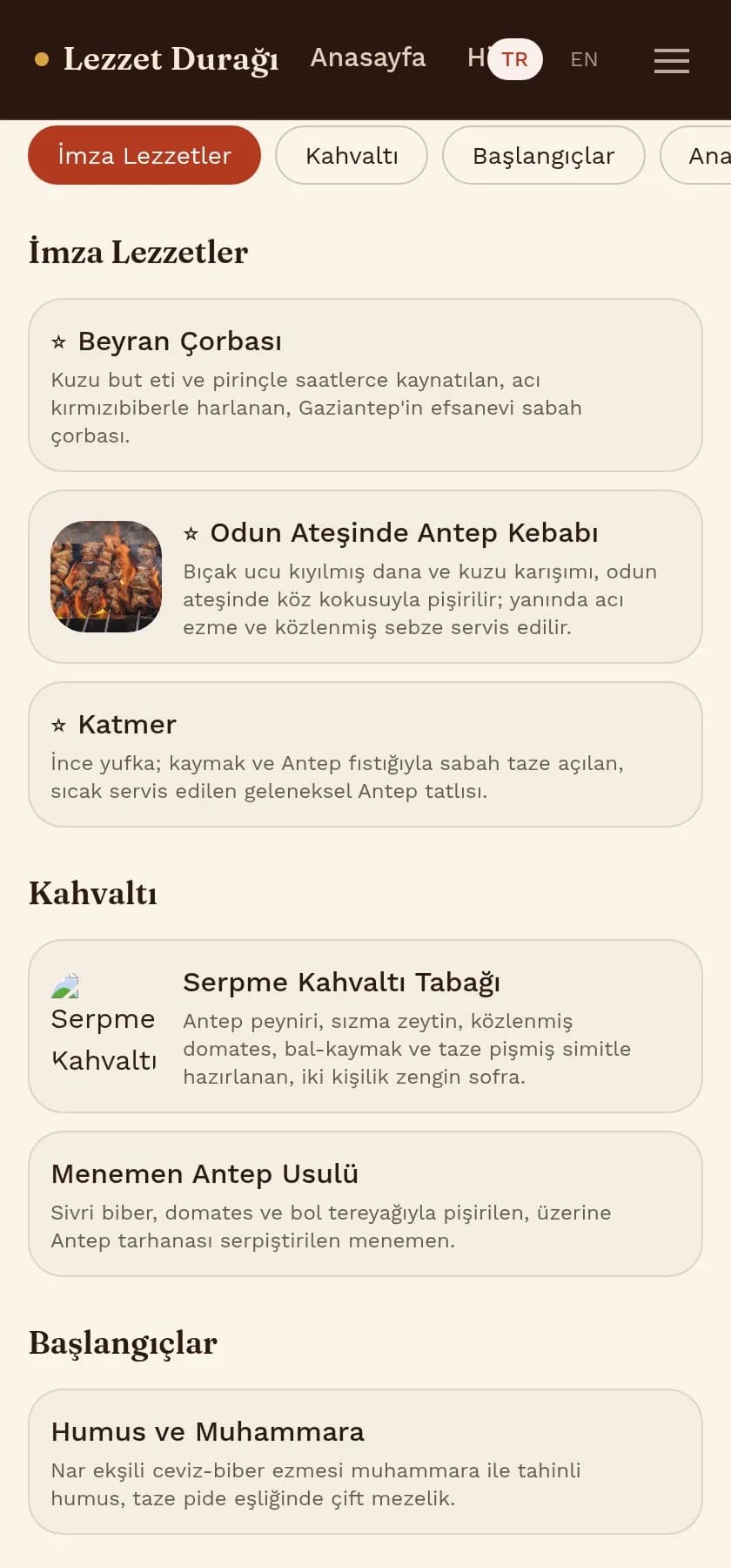 Lezzet Durağı'nın QR menüsü — telefonda görselli menü